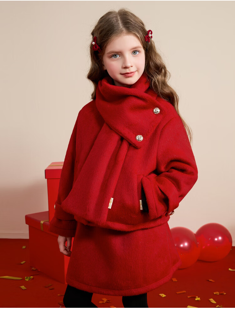 Disney Girls' Spring and Autumn 2026 New Stylish Winter Thick Woolen Coat and Skirt Two-Piece Set with Scarf 5