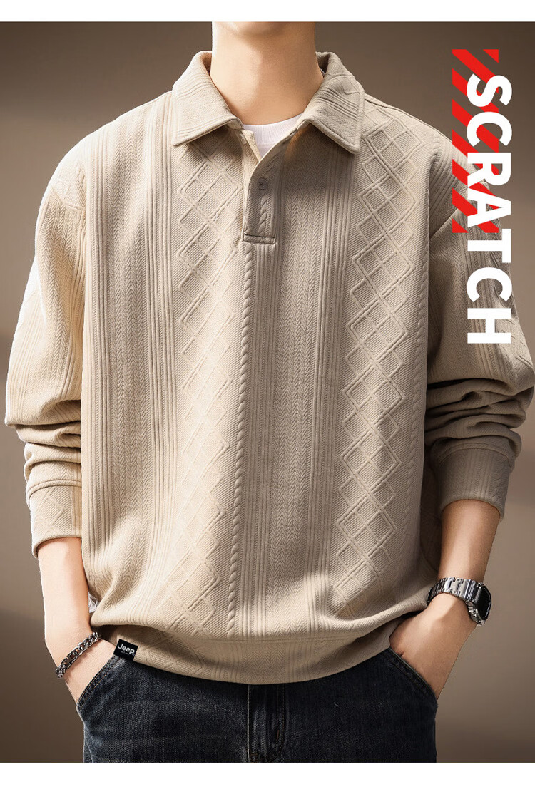JEEP Men's Spring Autumn Polo Collar Long Sleeve Heavyweight T-Shirt Sweatshirt Black 3XL 13