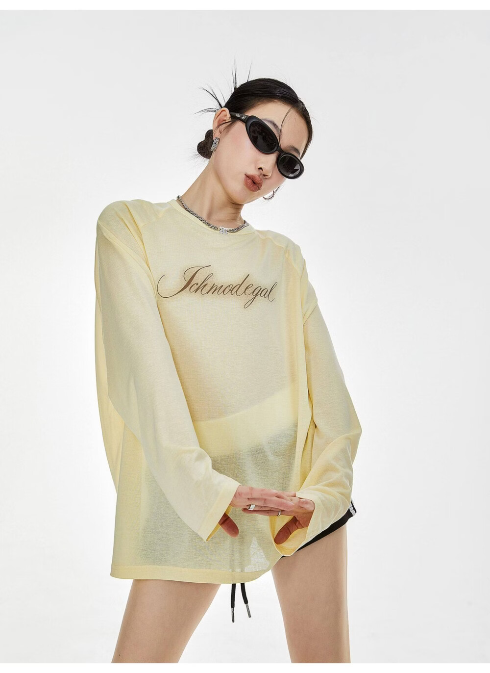 ICH MODE American Style Physical Sunscreen Cooling Loose Long Sleeve T-Shirt Lightweight Lazy Style White S 25