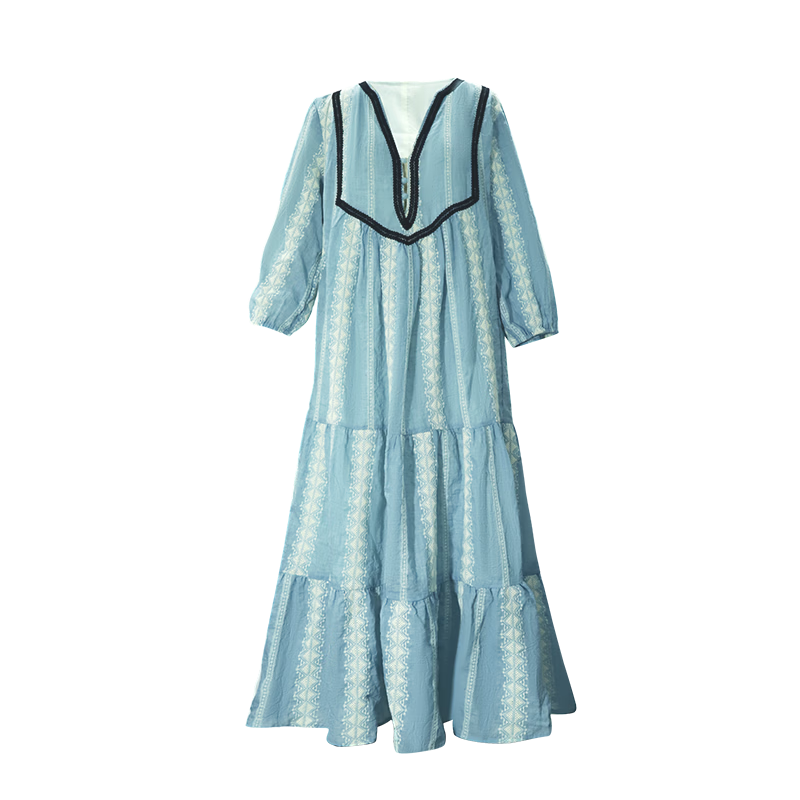 AtlanticBeach New French Style Seaside Vacation Dress Women Autumn Loose V-Neck Embroidered Mid-Length Cover-Up Sun Protection Wrap Dress
