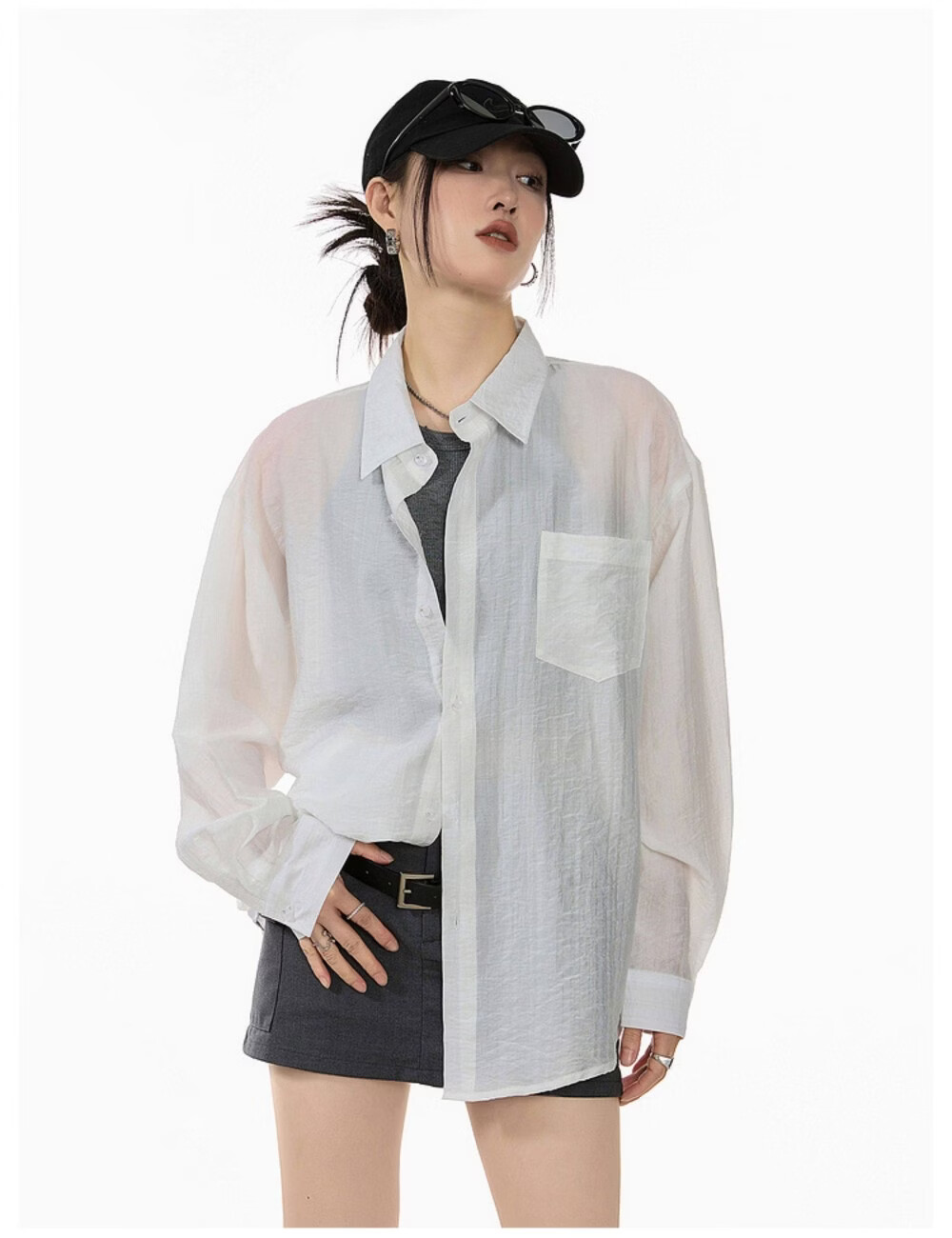 ICH MODE American Style White Shirt Women Summer Loose Physical Sun Protection Shirt Jacket Long Sleeve Top Blue XL 15