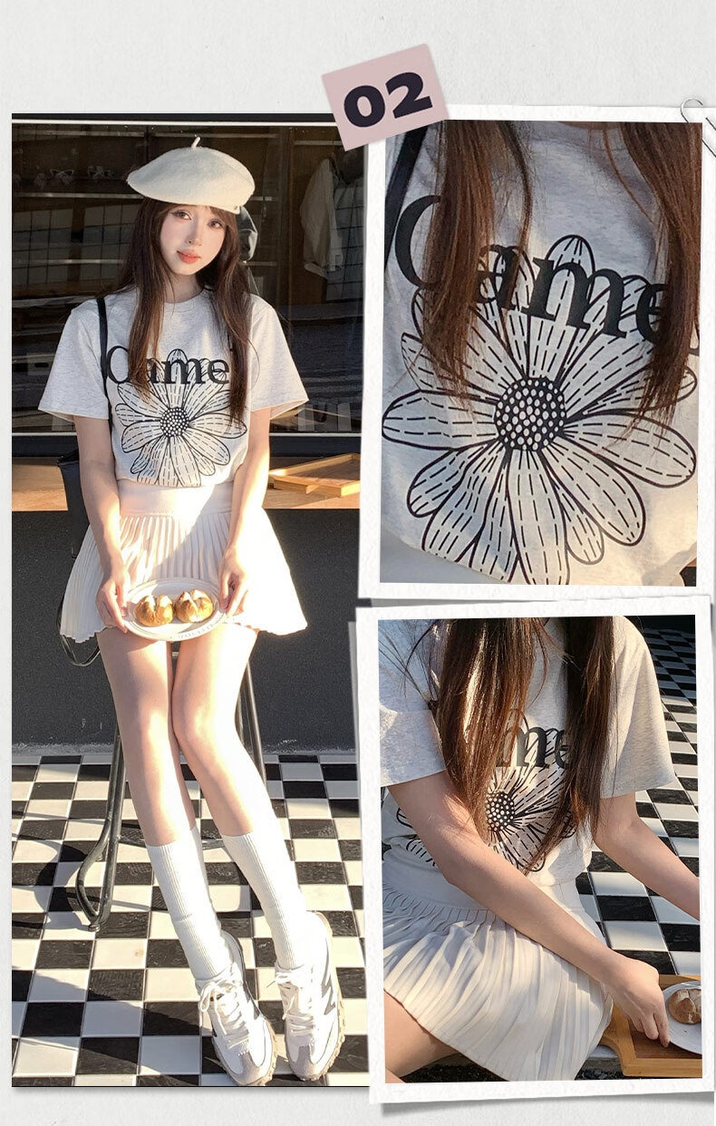CAMEL Ice Skin T-Shirt Little Daisy Short Sleeve Cotton Loose Casual Top C36BAXLN023A Warm White XL 9