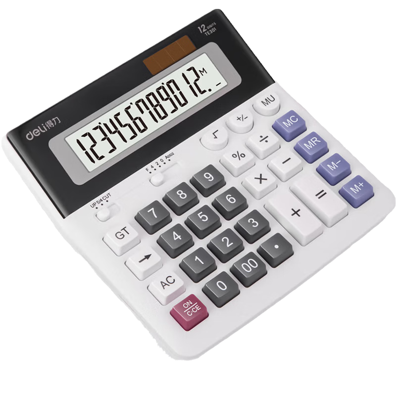 Deli Dual Power Computer Key Calculator 12-Digit Large Screen Horizontal Desktop Calculator Financial Banking Office Supplies White TE301