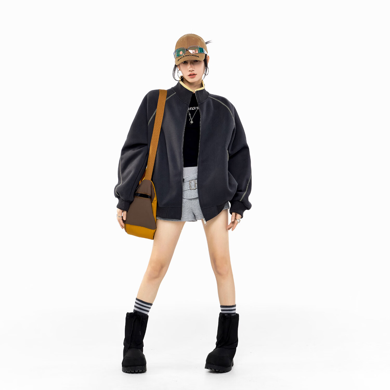 ICH MODE American Style Hassel Corduroy Sports Jacket Women 2026 Spring New Loose Cardigan Sweatshirt Zipper Top Dark Gray XL