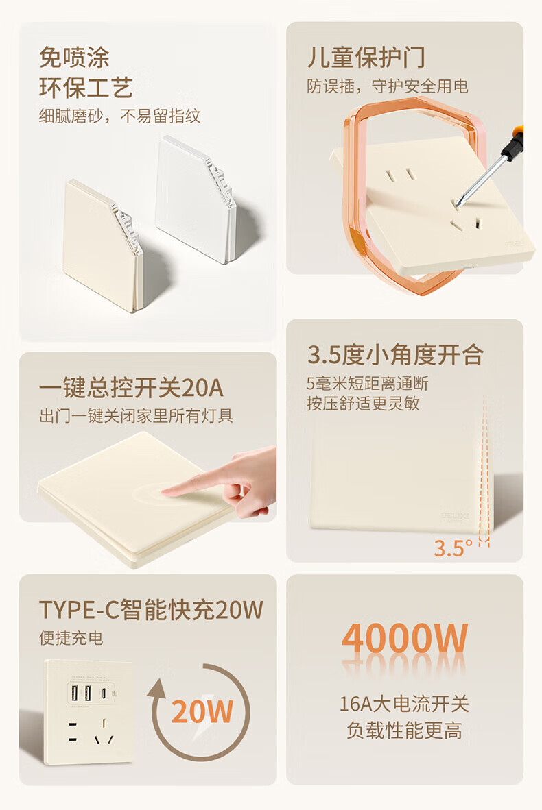 DELIXI CD806 Matte Frosted Cream Style Large Panel Double Switch Double Control Silver Osmanthus Yellow Socket 1