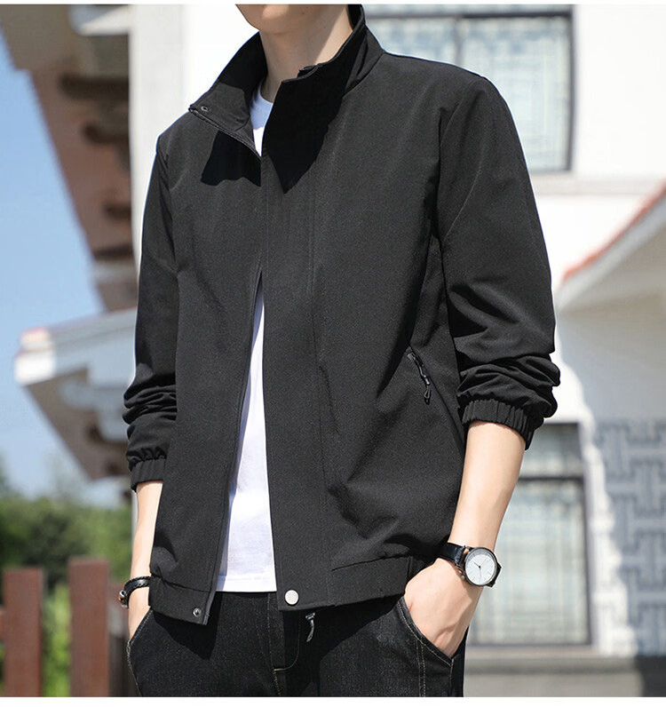TUCANO Men's Jacket Spring Autumn Stand Collar Casual Loose Trendy Workwear Black L 8