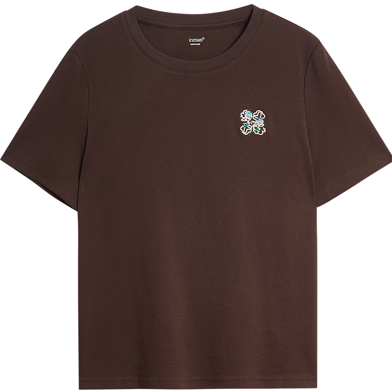 INMAN White Casual Crew Neck Embroidered T-Shirt 2026 Spring New Loose Fit Short Sleeve Top Coffee Color S