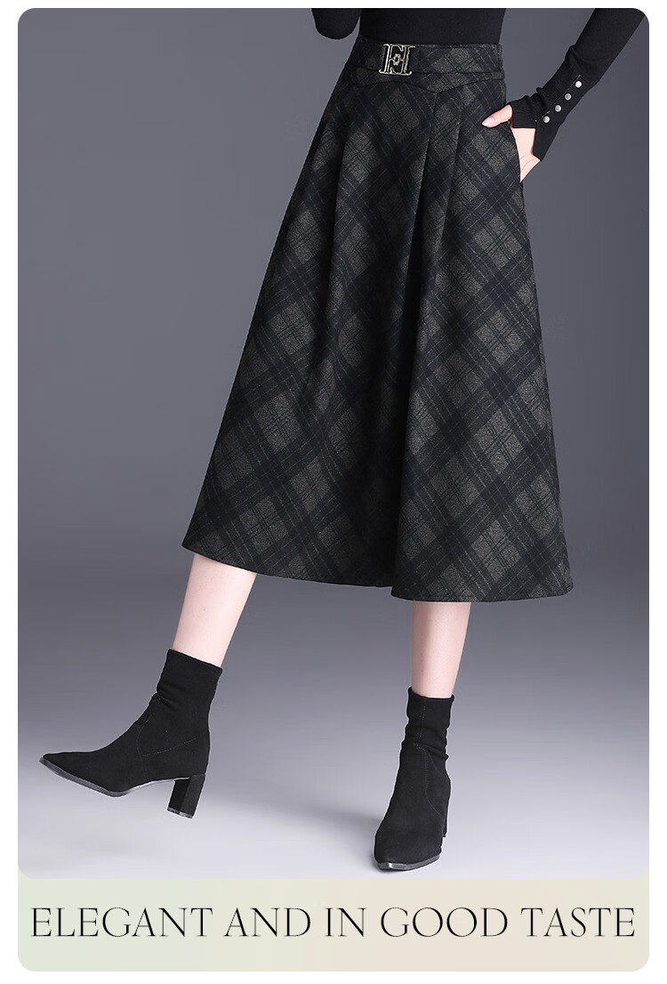 Bailuyu Elegant Vintage Plaid High-Waist Long A-Line Skirt Black Gray Check S 9