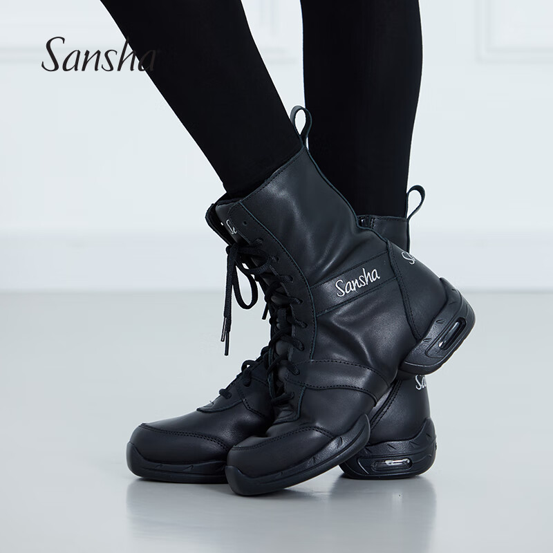 Sansha Imported Leather Dance Sneakers with Soft Soles, High Tops for Square Dancing, Jazz Dancing, Modern Dance P99 Black Size 35