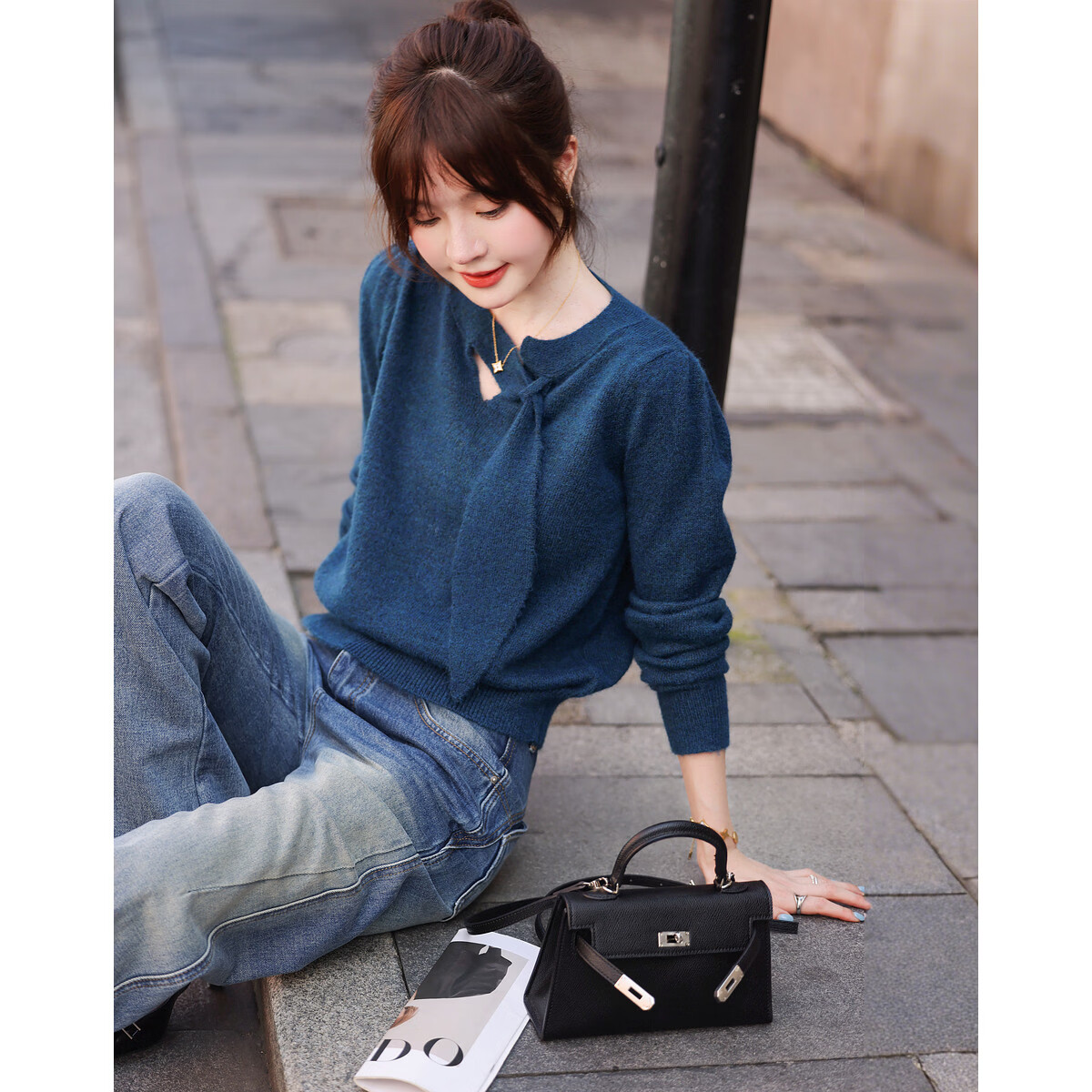 MT Sea Breeze Poetry Winter Elegant Ribbon Round Neck Comfortable Lazy Petite Knit Sweater for Women