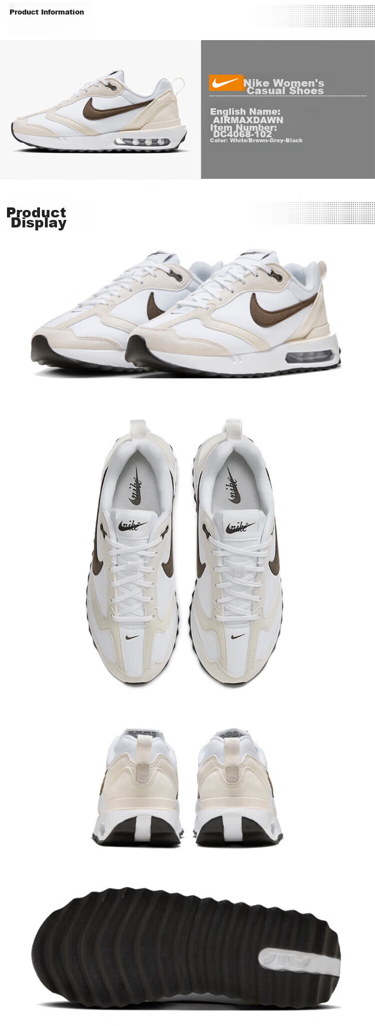 NIKE Casual Shoes, Women's Shock-Absorbing AIR MAX DAWN Sneakers, DC4068-103 White And Yellow, Size 35.5 1