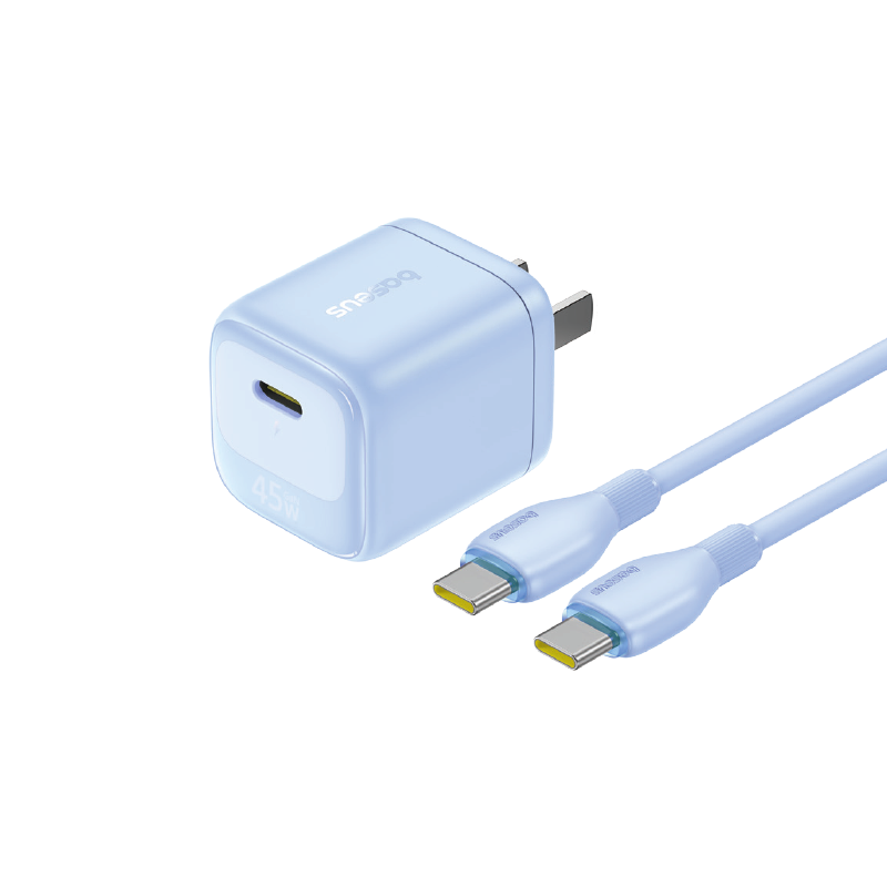 Baseus Apple AVS Protocol Small Ice Charger 45W GaN PD Fast Charger Set for iPhone 17/16/15 Pro Max with 2m Cable Blue