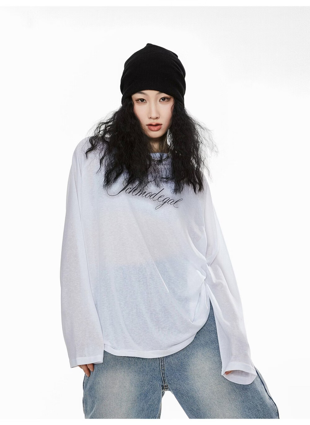ICH MODE American Style Physical Sunscreen Cooling Loose Long Sleeve T-Shirt Lightweight Lazy Style White S 14