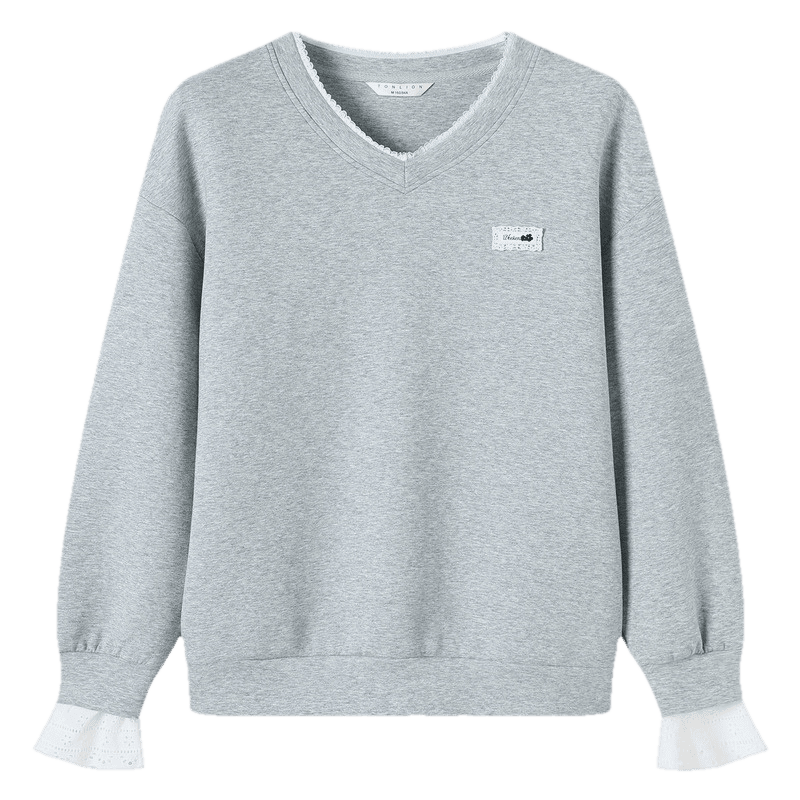 TonLion 2026 Spring Women's V-Neck Lace Sweatshirt Light Heather Gray L