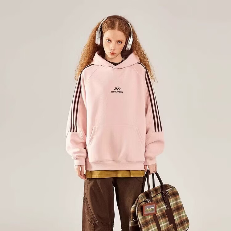 BEETLE TOWN American Style Striped Gray Raglan Sleeve Sweatshirt Women Spring New Versatile Couple Top Pink L