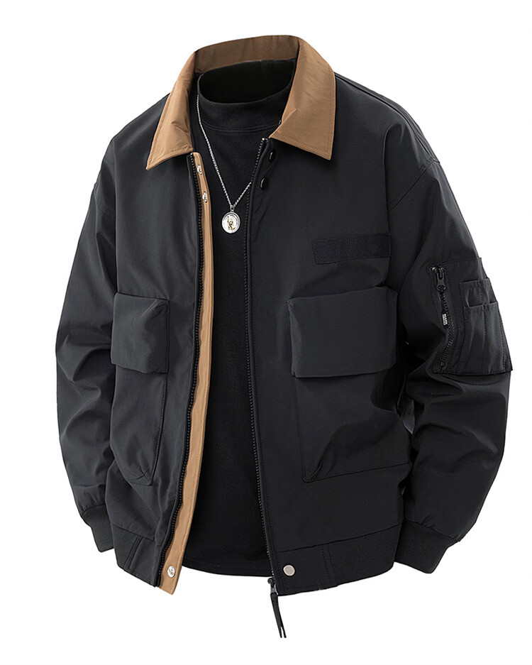 MARK FAIRWHALE Men's Spring and Autumn American Style Flight Workwear Jacket Loose Casual Men's Coat Amber Black 2XL 1