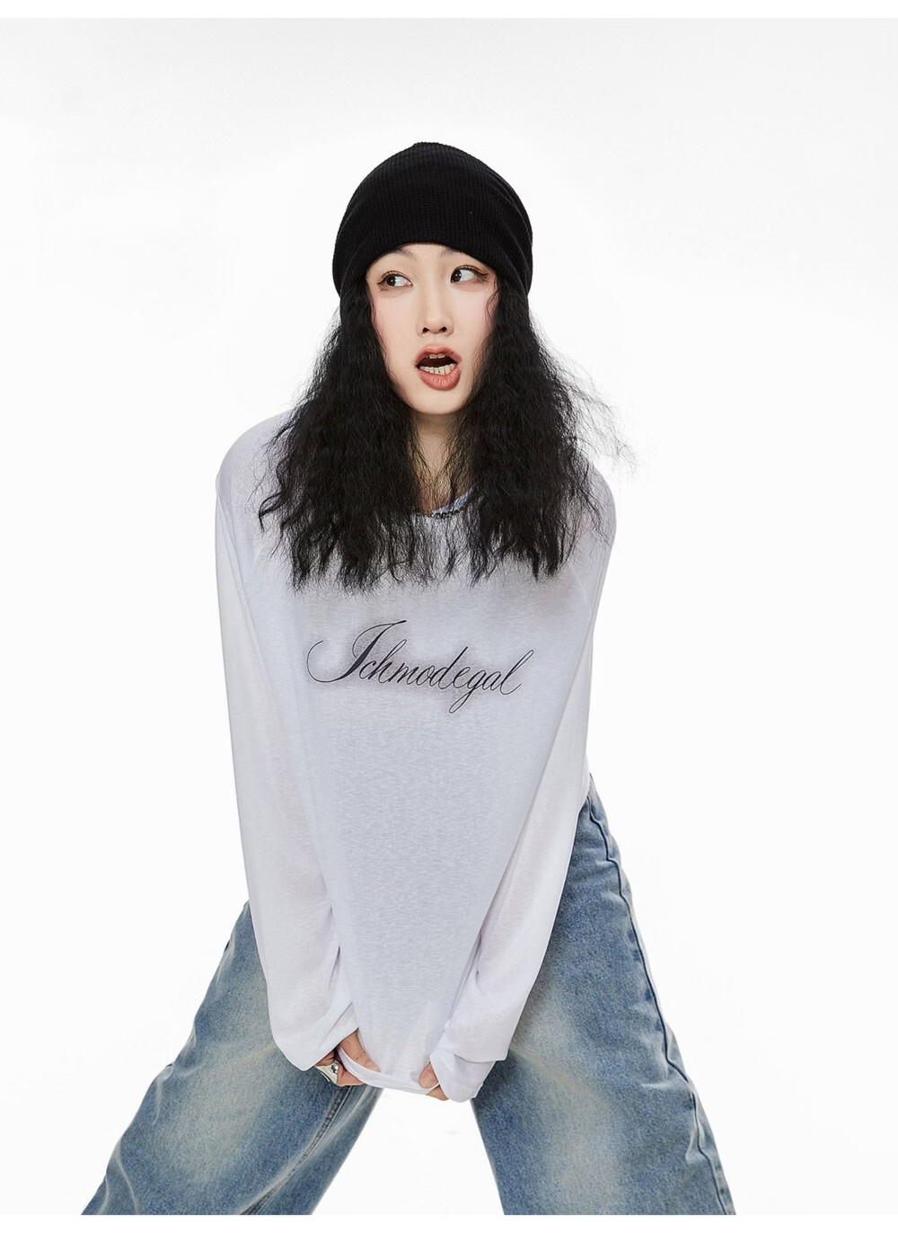 ICH MODE American Style Physical Sunscreen Cooling Loose Long Sleeve T-Shirt Lightweight Lazy Style White S 16