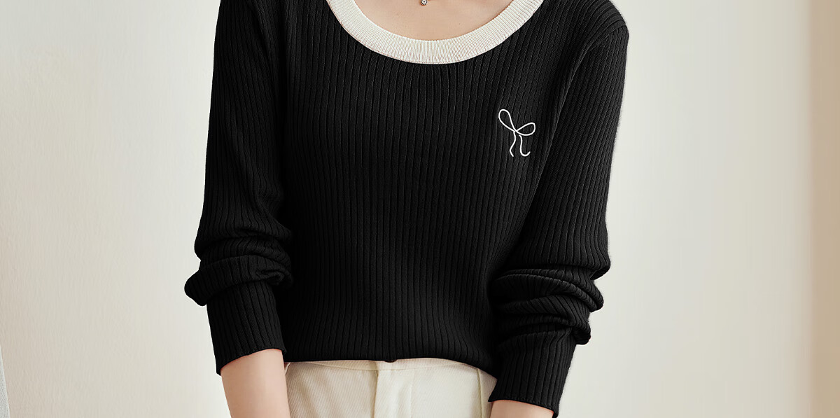 PinCai Women's Knit Sweater, Early Autumn Round Neck Bow Embroidery Knit Top, Slim-Fit Base Layer Sweater P143Z3009 45