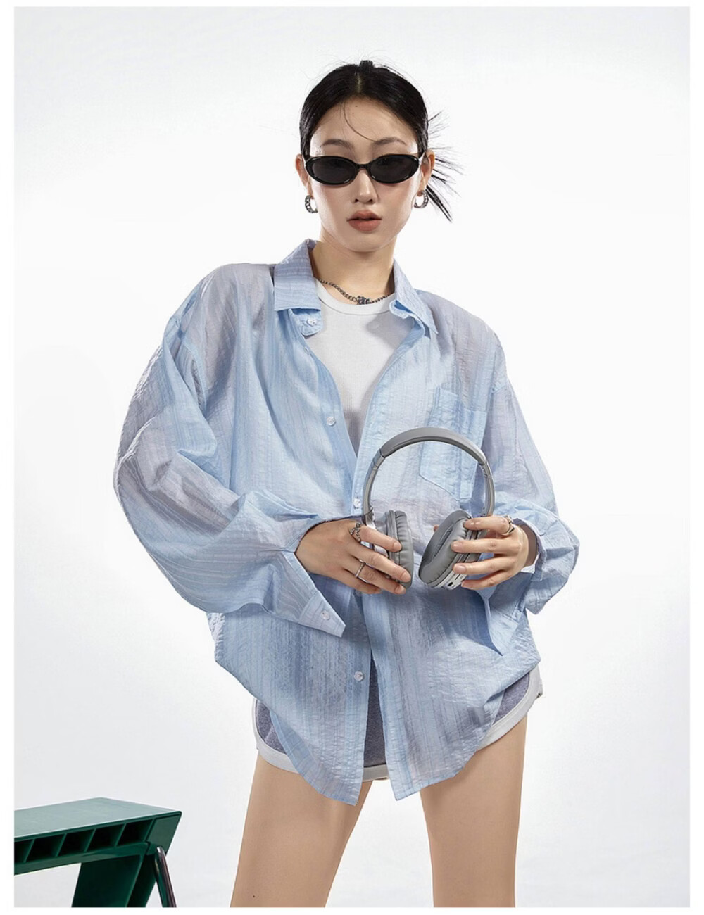ICH MODE American Style White Shirt Women Summer Loose Physical Sun Protection Shirt Jacket Long Sleeve Top Blue XL 28