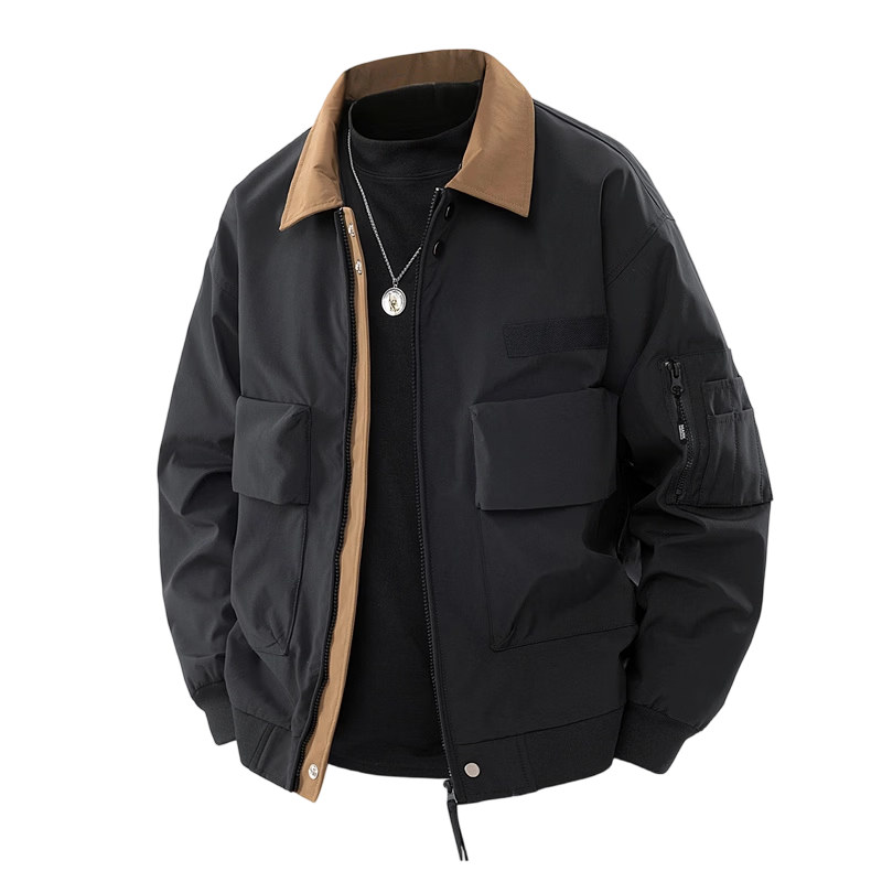 MARK FAIRWHALE Men's Spring and Autumn American Style Flight Workwear Jacket Loose Casual Men's Coat Amber Black 2XL