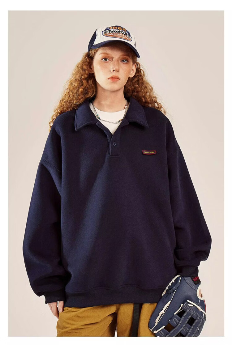 BEETLE TOWN Minimalist Casual Polo Collar Sweatshirt Women Spring New Couple Long Sleeve Collared Jacket Navy Blue S 6