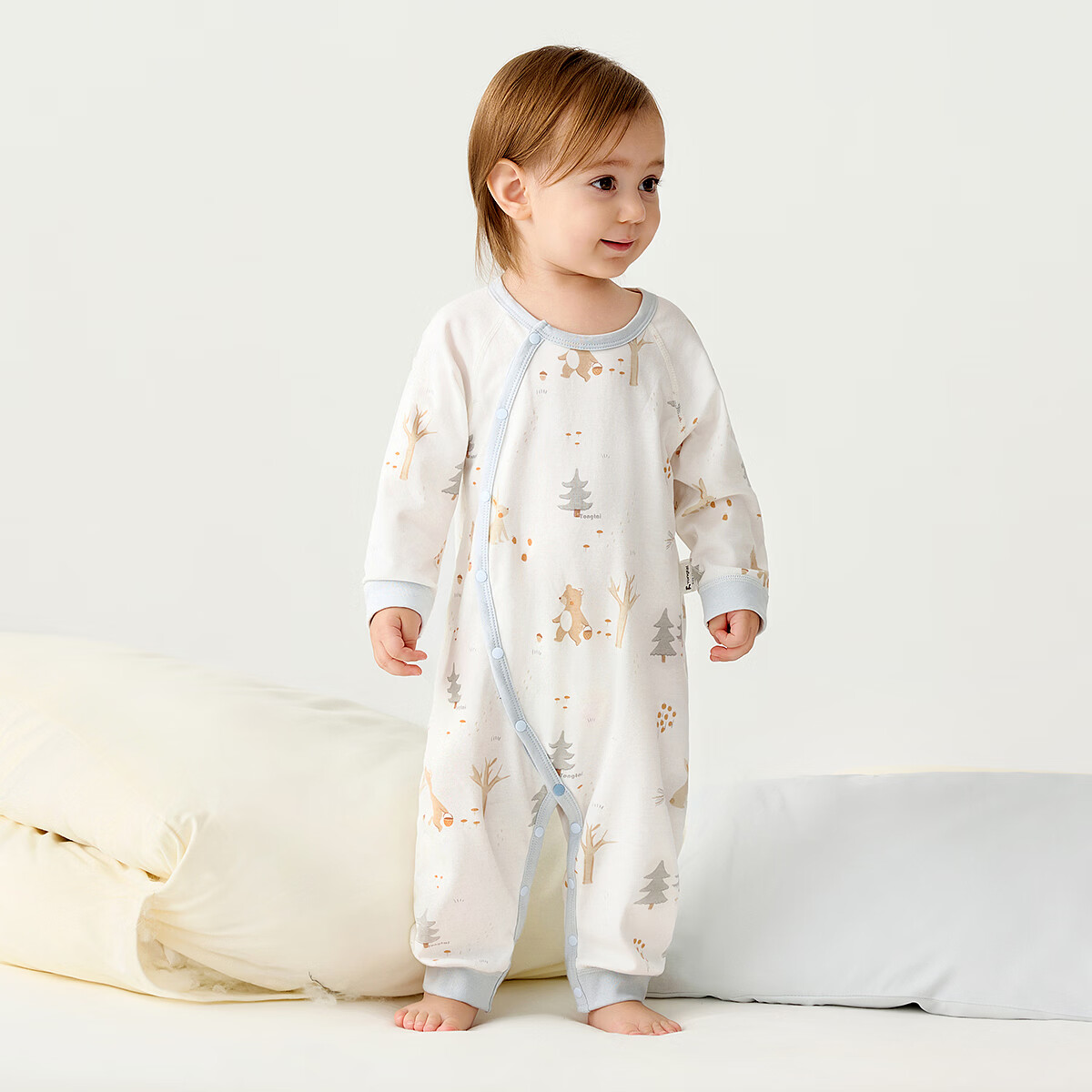 TONGTAI Baby Romper Spring and Autumn Pure Cotton Newborn Side-Open Jumpsuit Pajamas Blue 80cm