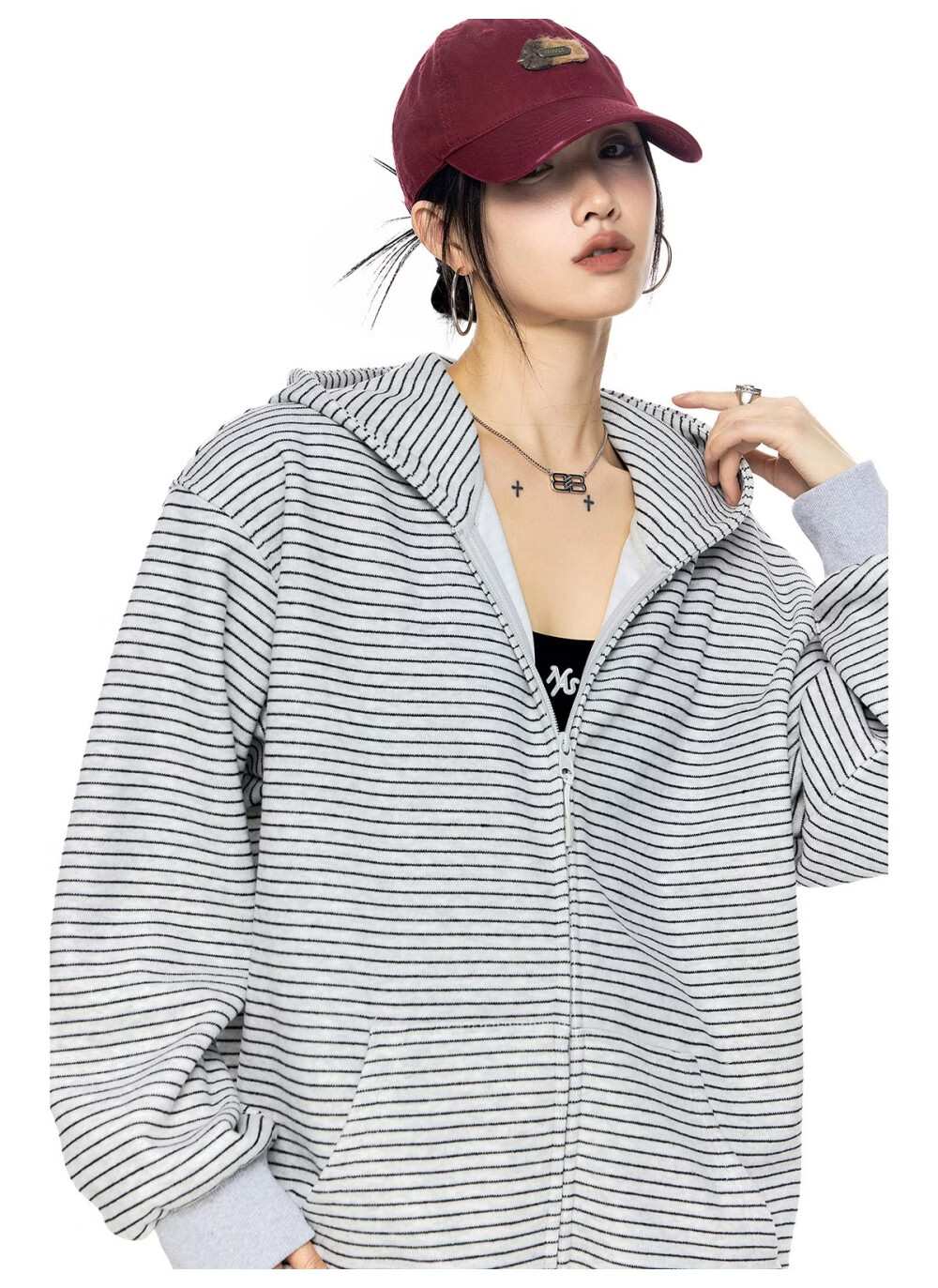 ICH MODE Celebrity Style Striped Hoodie Cardigan Sweatshirt for Women Spring Autumn New Sports Jacket Black M 24