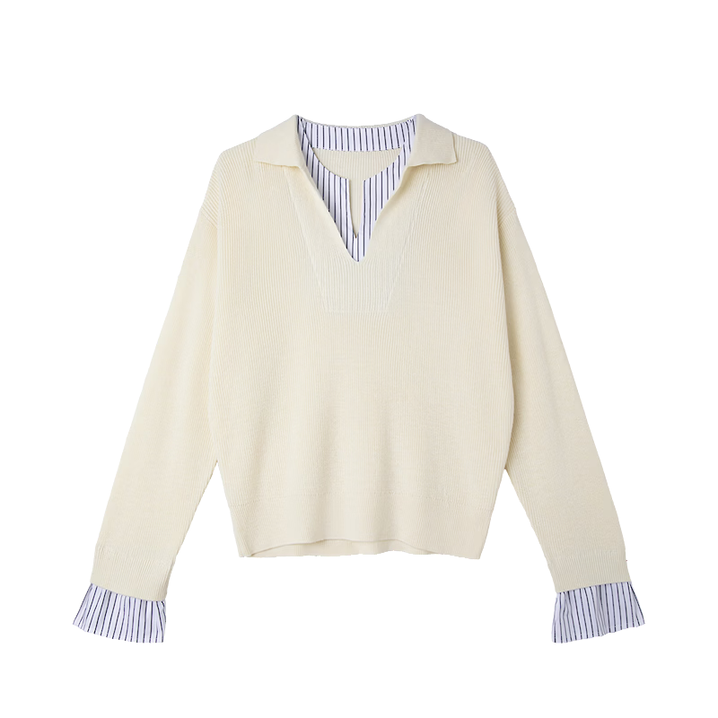 DemanaăSheep Wool and Mulberry Silk BlendăSpring Minimalist Patchwork Striped Polo Neck Knit Sweater for Women