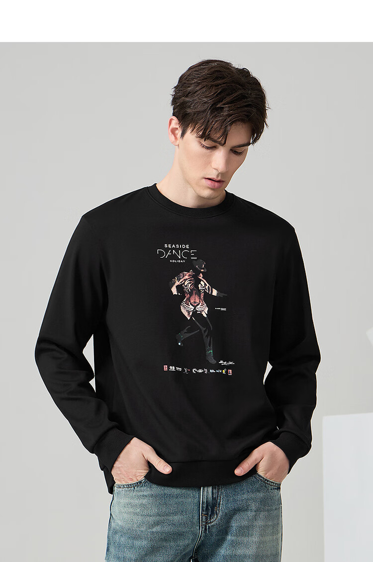 Dancing with Wolves [Fleece Lined Warm] Trendy Printed Crew Neck Pullover Skin-Friendly Comfortable Men's Sweatshirt 001 Black S 5