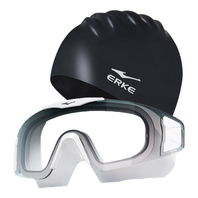 ERKE Unisex Large Frame HD Waterproof Anti-Fog Frameless Prescription Swimming Goggles and Swim Cap Set