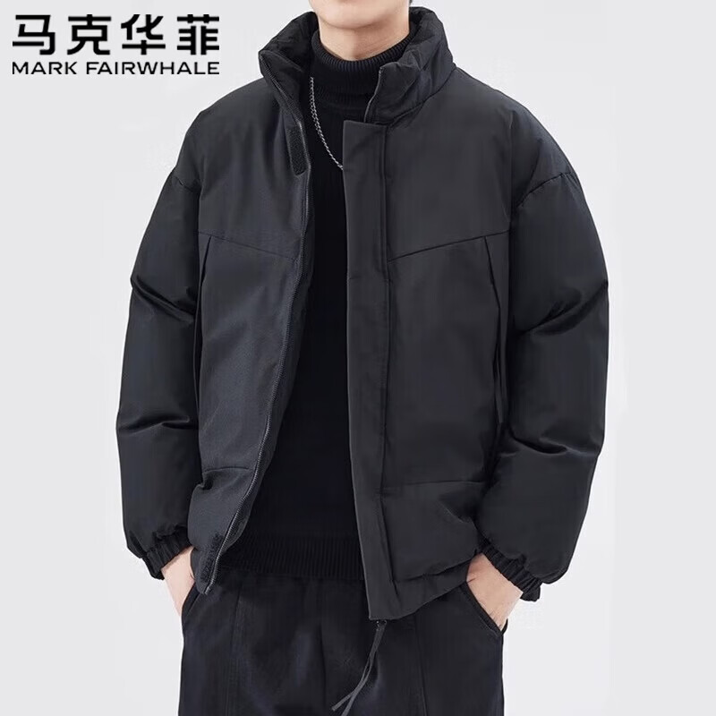MARK FAIRWHALE Men's Thickened Cotton Padded Jacket Autumn Winter Warm Coat Black 2XL