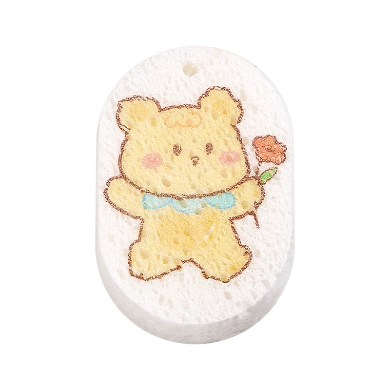 Niu Jia You Pin Compressed Sponge Wood Pulp Cotton Dishwashing Sponge Non-Stick Oil Cleaning Brush Cartoon Bear 4-Pack