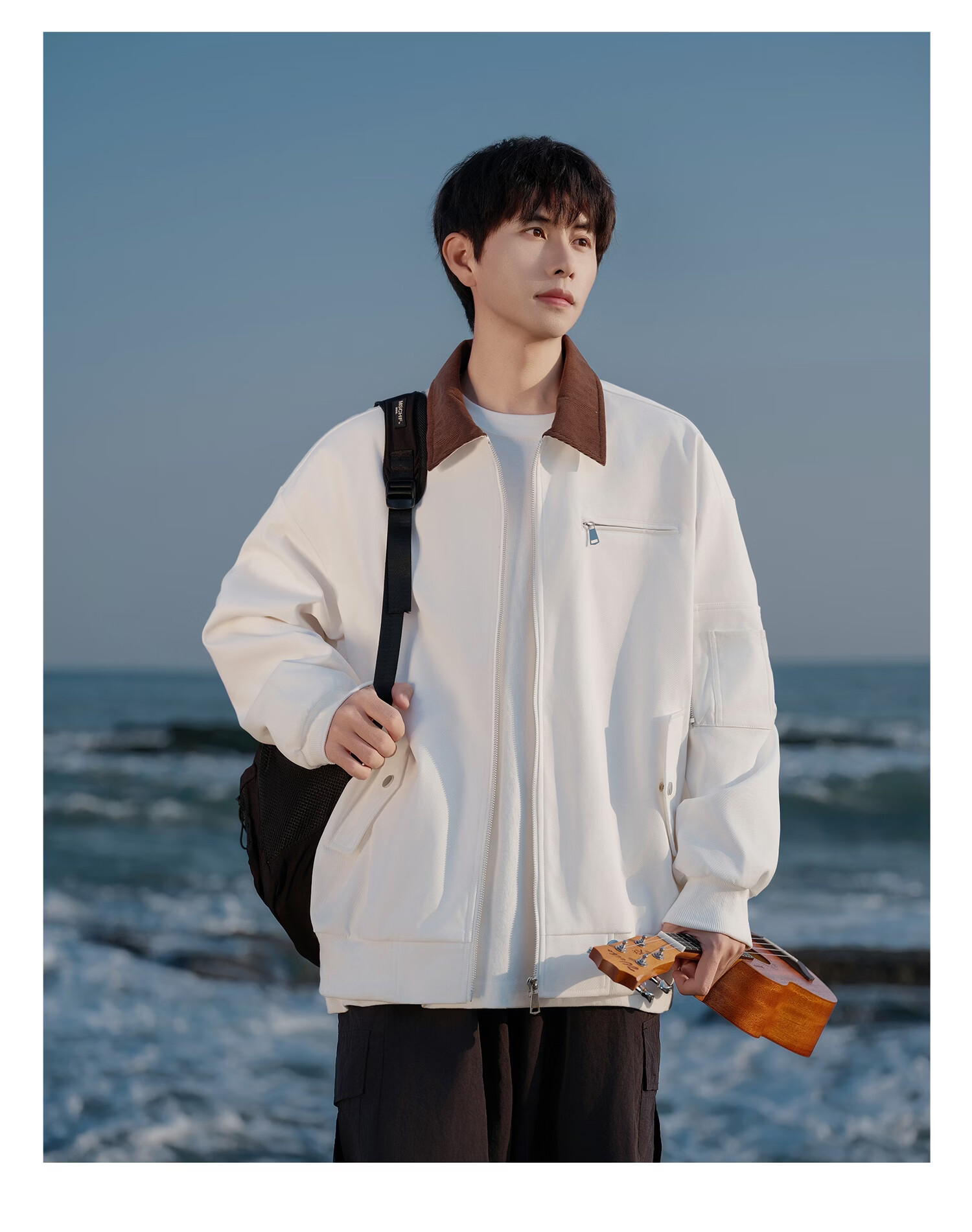 Foss Phil Vintage Lapel Jacket Men Spring Autumn New Trendy Loose Casual Workwear Coat DQC8533 Apricot White XL 14