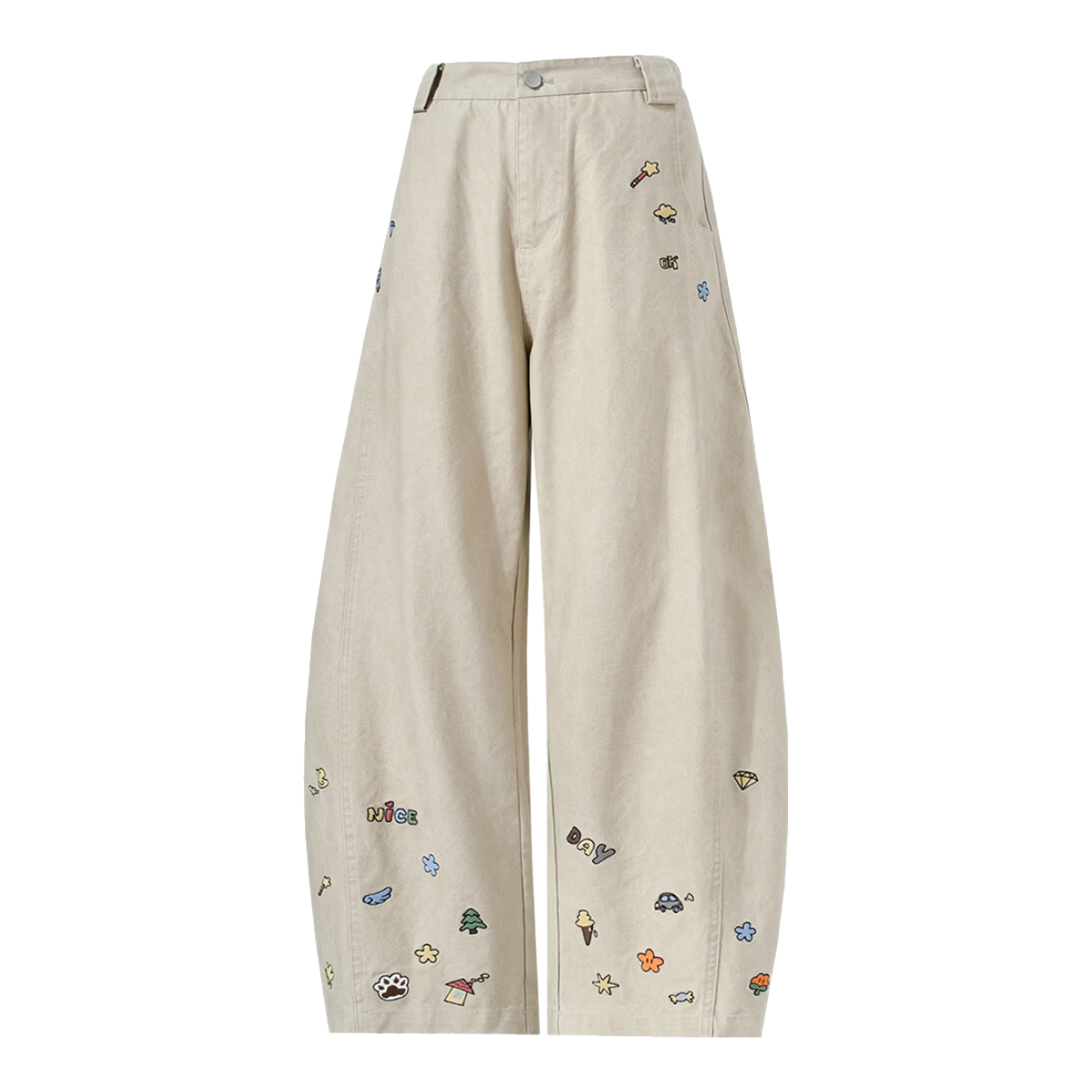 BEETLE TOWN Cartoon Embroidered Casual Pants for Women Spring Autumn 2025 New Loose Wide-Leg Curved Blade Pants Apricot M