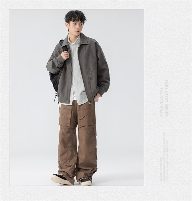 Foss Phil Men's Spring Autumn Casual American Style Loose Workwear Jacket with Turn-down Collar Gray 2XL 6768 11