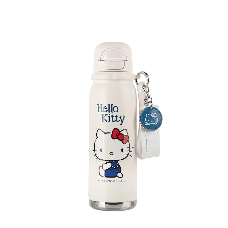 BEDDYBEAR Sharp Double Drinking Lid Sports Insulated Bottle Women Straw Water Bottle Large Capacity Student Cup 600ML Denim Kitty
