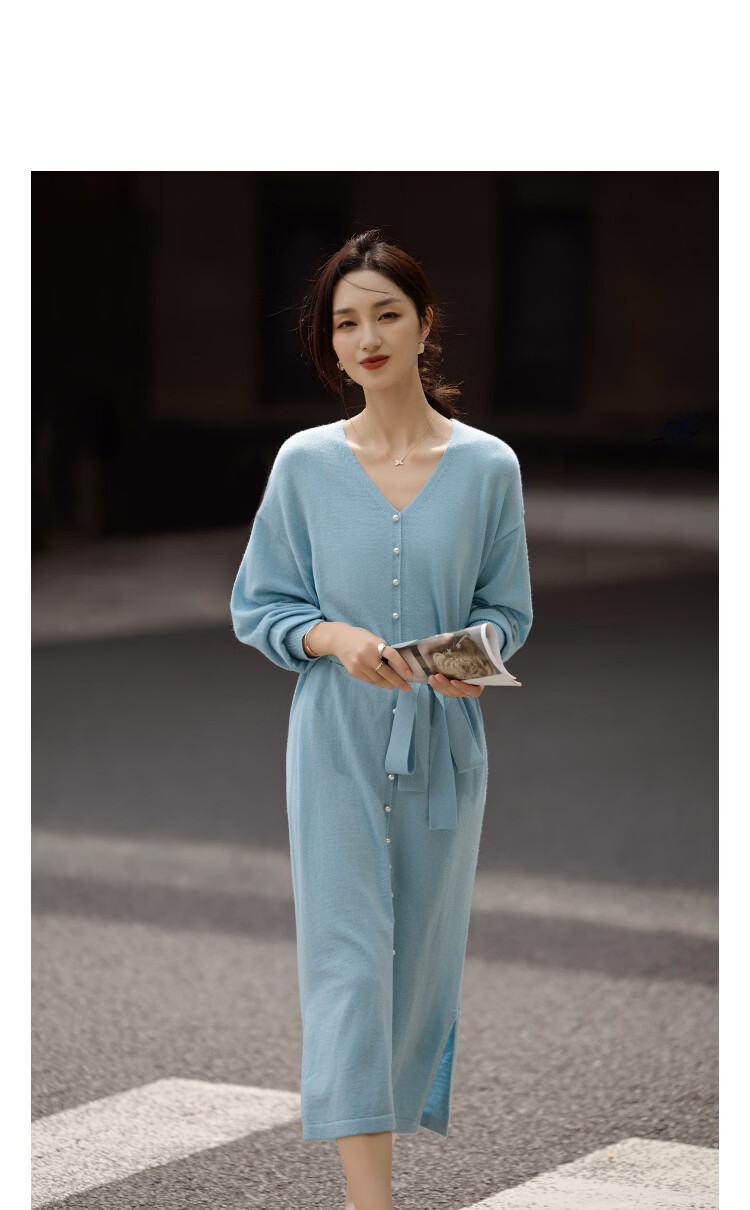 Demana Women's Spring Soft V-Neck Pearl Button Drop Shoulder Adjustable Waist Dress with Wool 13