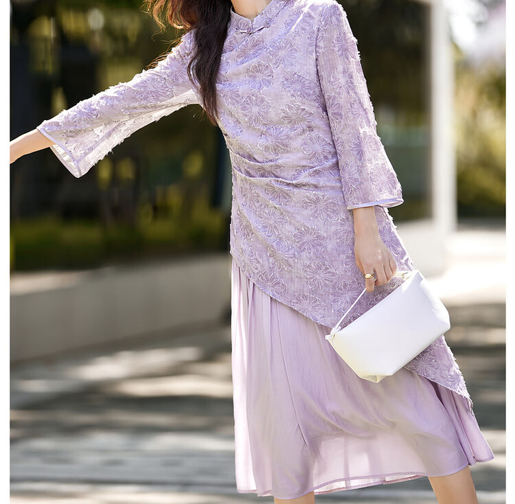 Vimly New Chinese Style Heavy Embroidery Dress Women Autumn New Long Sleeve Improved Qipao Purple M 9