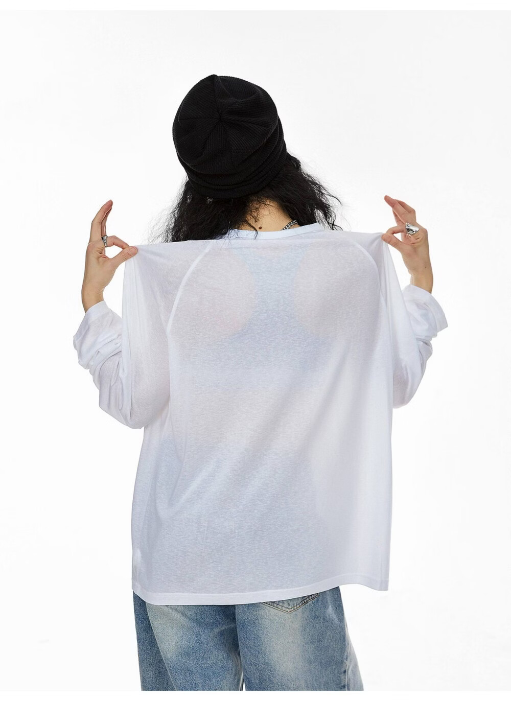 ICH MODE American Style Physical Sunscreen Cooling Loose Long Sleeve T-Shirt Lightweight Lazy Style White S 7