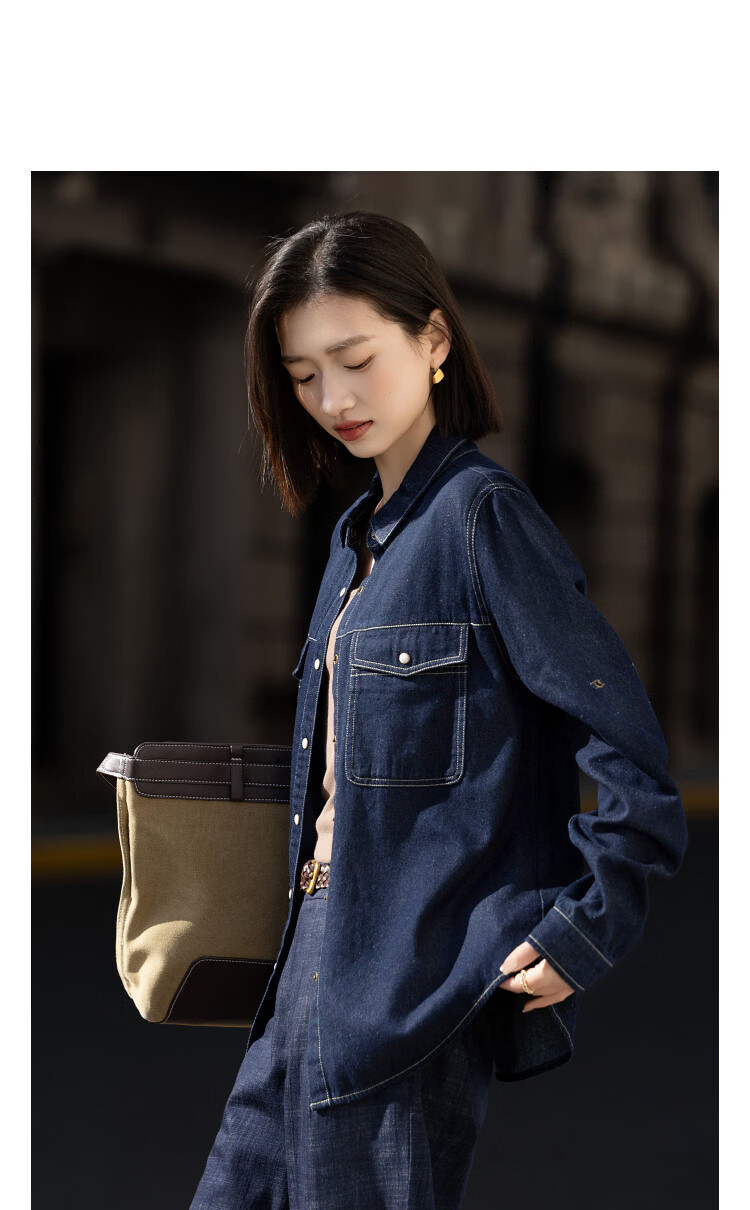 Demana [Cloud Oxygen Cotton] Spring Urban Style Contrast Piping Fleece-Lined Petite Women's Denim Shirt with Turn-Down Collar 11