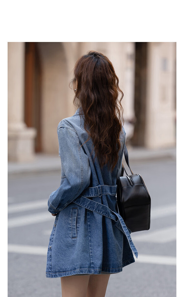 Demana [Cloud Feel Cotton Blend] Spring Elegant Mature Style Lapel Waist Tie Pocket Mid-Length Women's Denim Jacket 11
