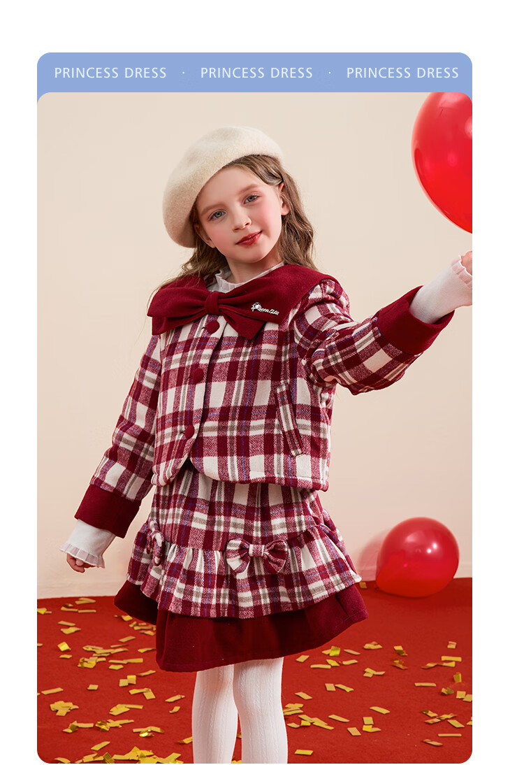 Disney Girls' Warm Set Autumn Spring 2026 New Stylish Children's Red Jacket Pleated Skirt Two-Piece Set 13