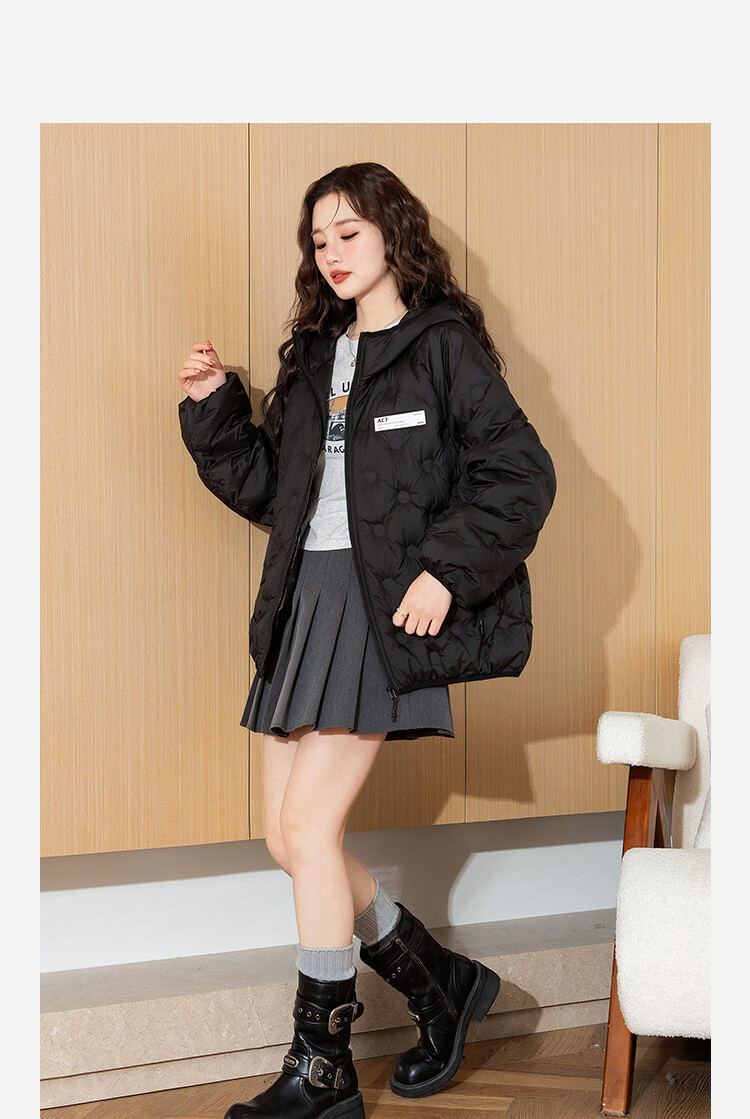 TonLion 2025 Women's Hooded Embossed Down Jacket Simple Versatile Black M 2