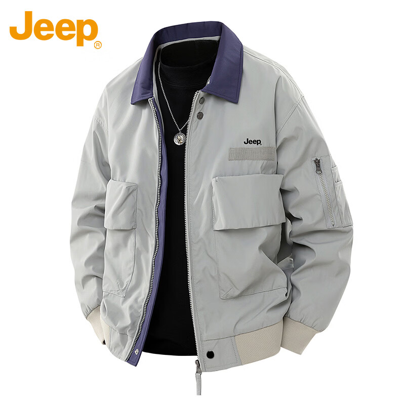 JEEP Men's Spring Autumn Workwear Jacket Sports Outdoor Casual Coat Silver Gray Green 3XL