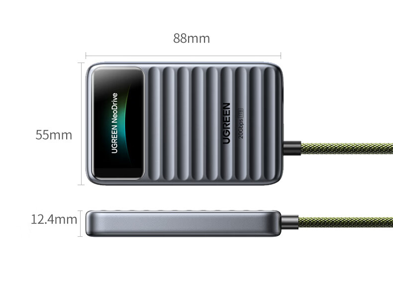 UGREEN Go20 Smart Display Edition 1TB Portable SSD (PSSD) High-Speed 2000MB/s Transfer Compatible with Thunderbolt 4/3 Type-C Integrated Built-in Data Cable 32