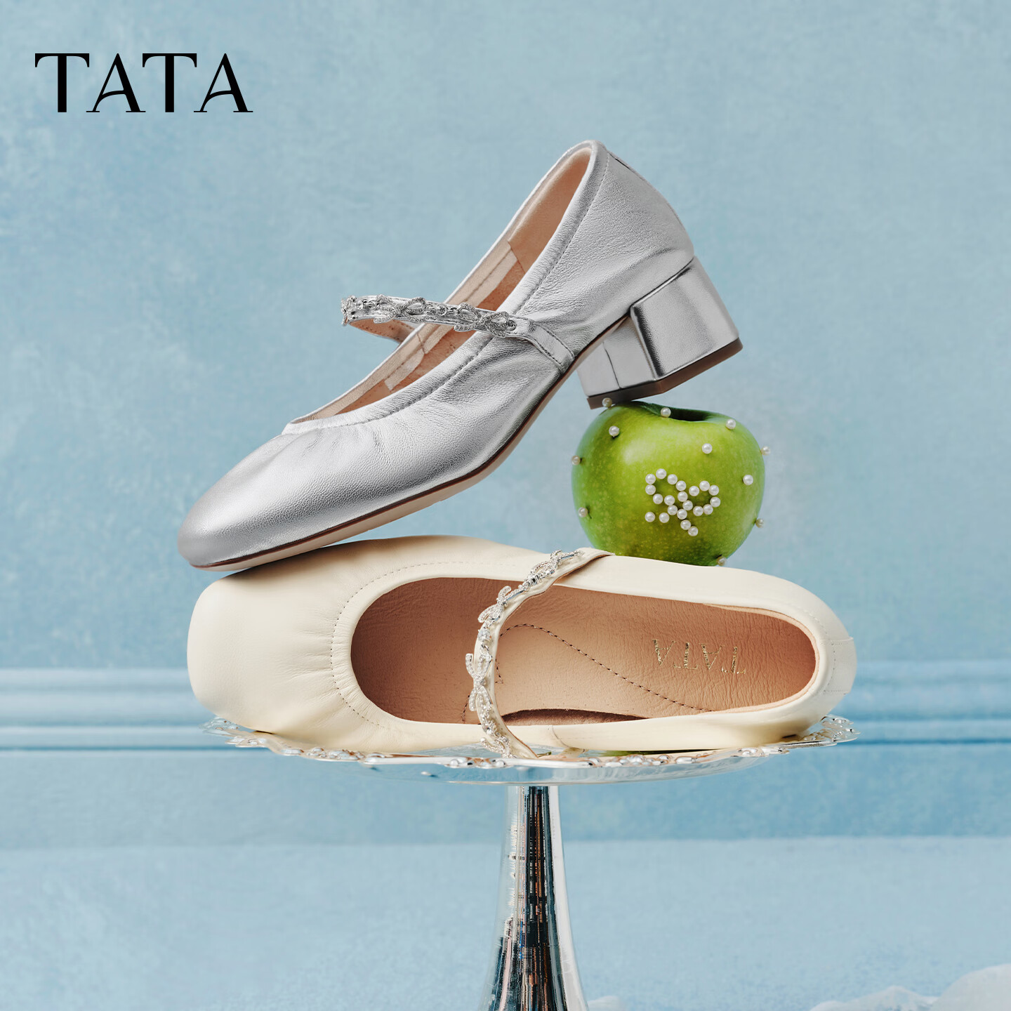 TATA Lu Yuxiao Sweetheart Mary Jane Women's Small Leather Shoes Silver Lambskin 4CM Heel Size 39