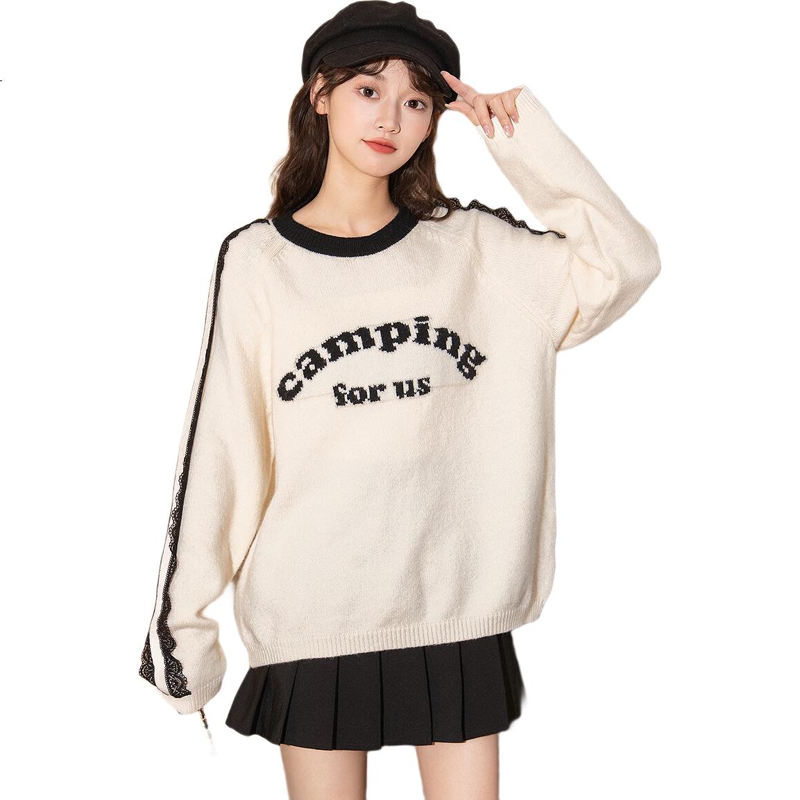 TonLion 2025 Autumn Winter Women's Crew Neck Color-Block Striped Front Text Knit Sweater