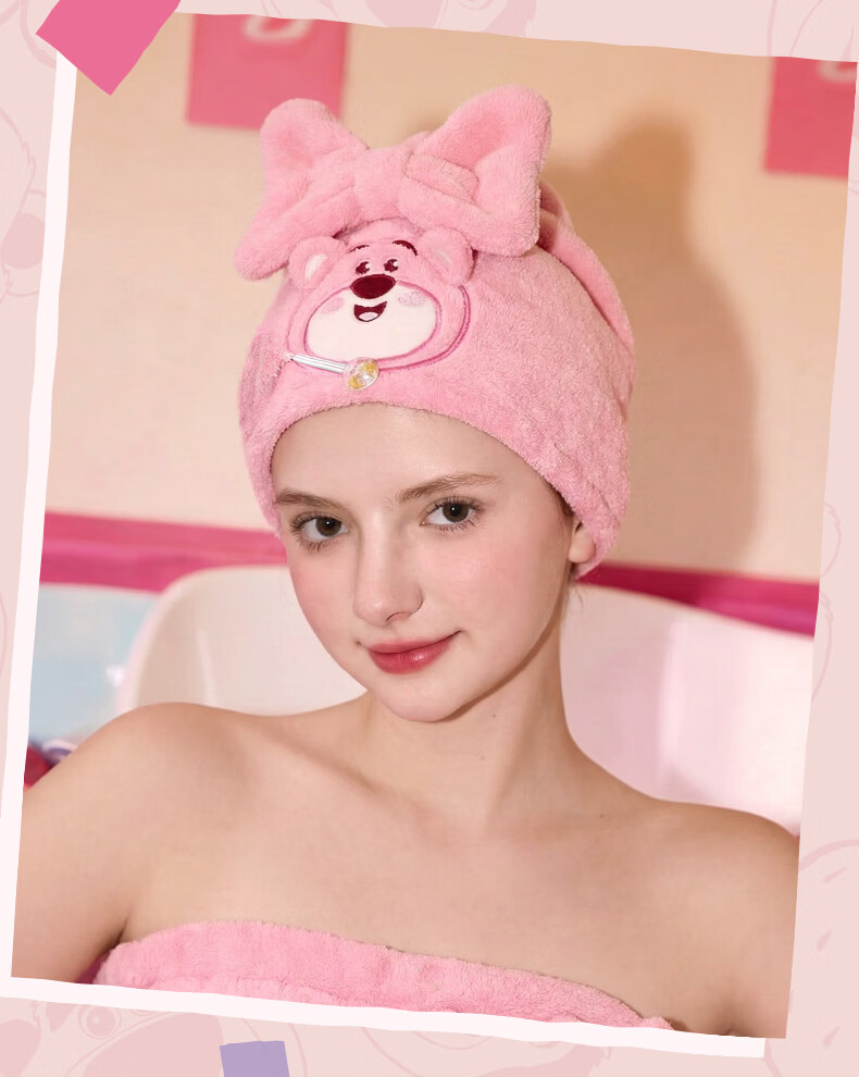 Disney Kids Girls Super Absorbent Quick-Dry Coral Fleece Thickened Large Comfortable Strawberry Bear Small Hair Drying Cap 8