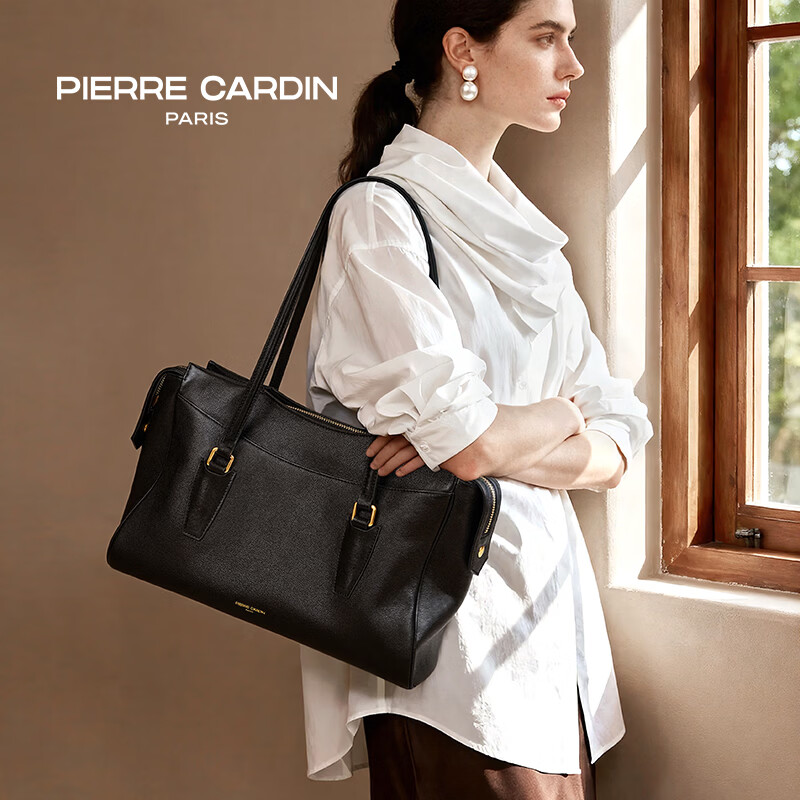 Pierre Cardin Women's Vegetable Tanned Cowhide Leather Briefcase Large Capacity Genuine Leather Shoulder Bag 2026 Women's Day Gift