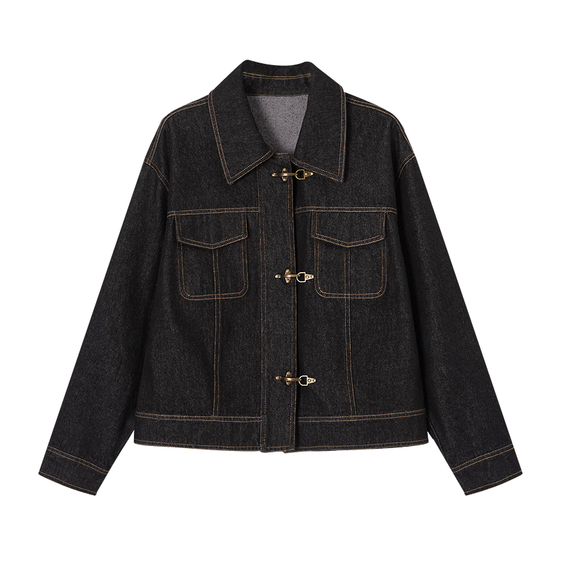 Demana [Cloud Feel Cotton Blend] Spring Vintage Style Lapel Fake Pocket Topstitching Loose Petite Women's Denim Jacket